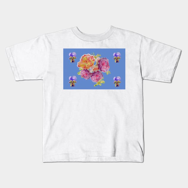 Shabby Chic Pink Rose on blue floral Pattern Kids T-Shirt by SarahRajkotwala